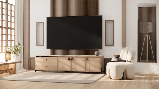 Mock-up-TV-Schrank im Zen modernen leeren Raum japanische minimale Designs 3D-Rendering