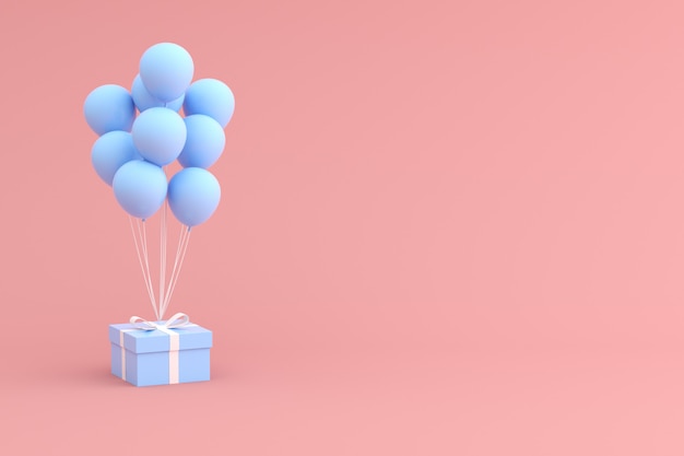 Mock-up von Geschenkbox und Luftballons auf rosa Raum.