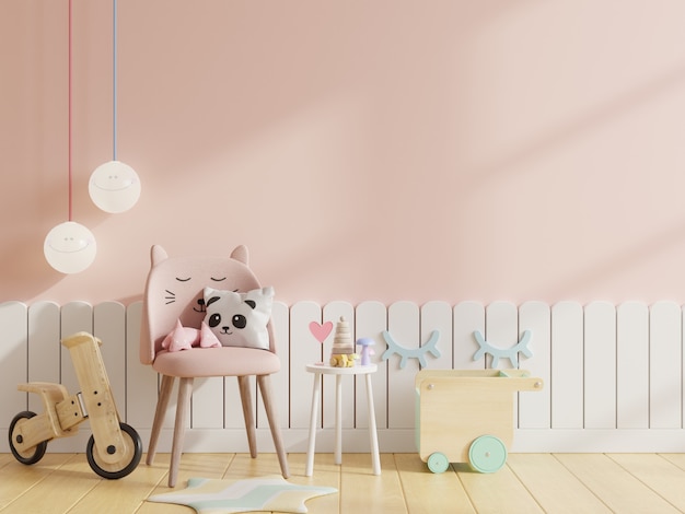 Mock-up-Wand im Kinderzimmer mit Stuhl in hellrosa Farbwandhintergrund, 3D-Rendering