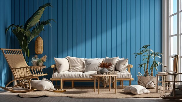 Mock-up-Wand in Blau Wohnzimmer natürliche Holzmöbel Generative Ai