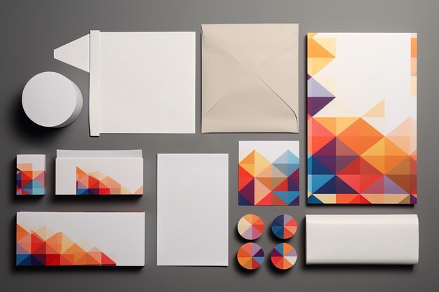 Mock-ups mit geometrisch inspirierten Verpackungen und Visitenkarten, die zu einer Markenidentität beitragen