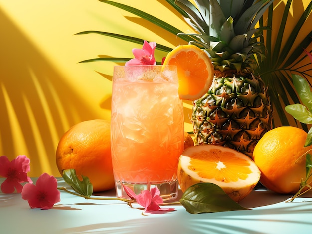 Mocktail com frutas frescas em fundo tropical colorido