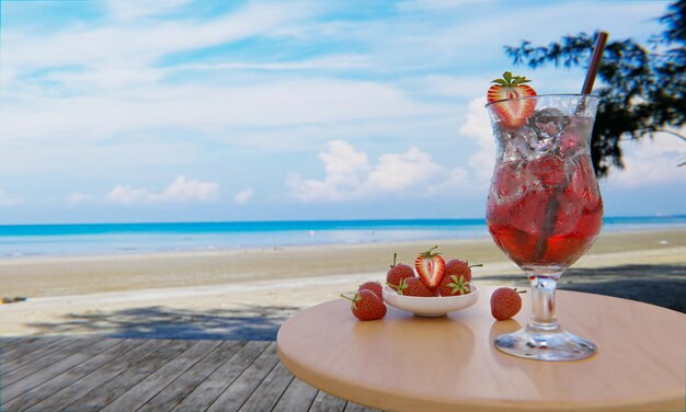 Mocktail Erdbeer Nektar mit Soda Mischt keinen Alkohol Frische Erdbeeren in einem Keramikbecher sind im Hintergrund verschwommen auf einem Planktisch platziert Das Restaurant am Strand und Meer 3D-Rendering