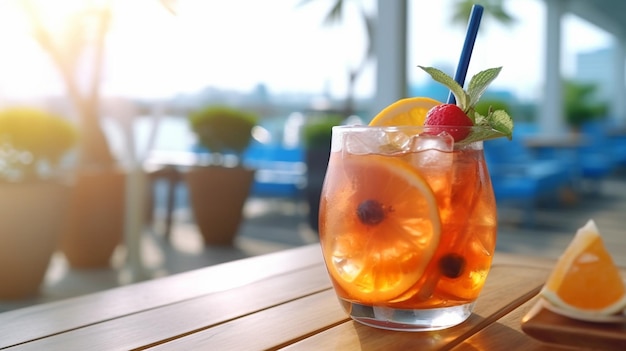 Mocktail de frutas frescas con vista a la playa