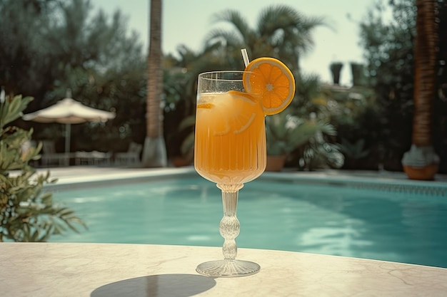 Mocktail laranja fresco com cubo de gelo perto da piscina Close up Generative AI