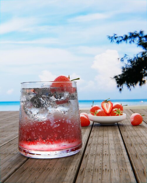Foto mocktail nectar de fresas con soda no mezcla alcohol fresas fresas en una taza de cerámica están en el fondo borroso colocado en una mesa de tabla el restaurante en la playa y el mar