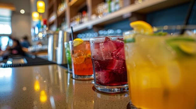 Mocktails y otras bebidas no alcohólicas se alinean en el bar que ofrece una variedad de opciones para los estudiantes