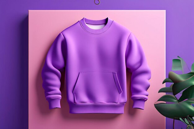 Mockup 3D que muestra una sudadera púrpura colgante contra un fondo realista rosado