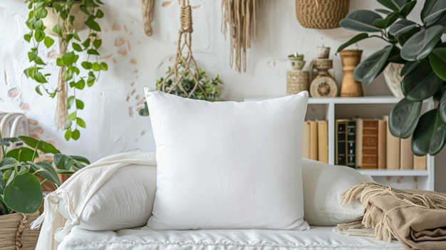 Mockup de almohada blanca en un telón de fondo de decoración femenina e inspirada en Boho Decoración acogedora