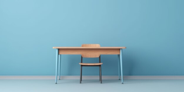 mockup Aula de clase azul claro mesa vacía del maestro vista delantera plantilla de mesa de la escuela mínima