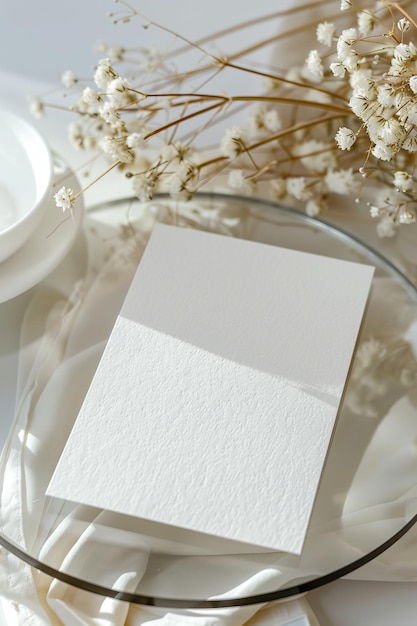 Mockup aus leerem Papier auf der Glasplatte mit trockenen Zweigen