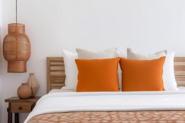 Mockup background fall home design de travesseiro moderno lâmpada laranja decoração de interiores cama Generative AI