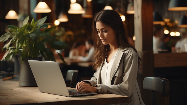 Mockup-Bild einer Frau mit einem Laptop mit leerem weißen Bildschirm auf einem Holztisch in einem modernen Loftcafé