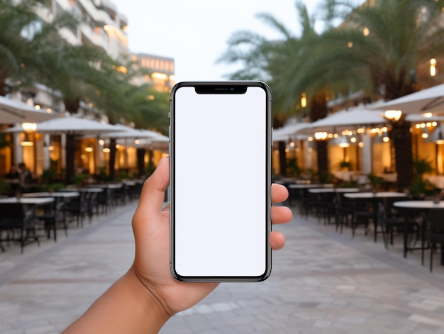 Mockup-Bild einer Hand, die ein weißes Handy mit einem leeren weißen Bildschirm hält