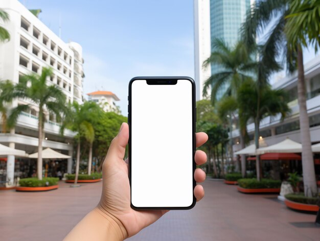 Mockup-Bild einer Hand, die ein weißes Mobiltelefon mit einem leeren weißen Bildschirm hält