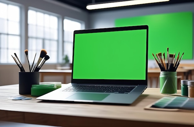 Mockup-Bild eines Laptops mit leerem grünem Bildschirm auf einem Holztisch im Kunstarbeitsraum