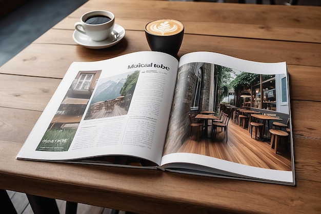Mockup-Bild-Magazin-Buch und Wege am örtlichen Holztisch im Café