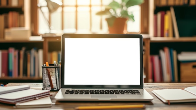 Mockup-Bild von Laptop mit leerem transparenten Bildschirm auf dem Tisch neben den Notebooks