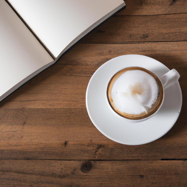 Mockup-Bildnotizbuch und Kaffeetasse auf dem Tisch