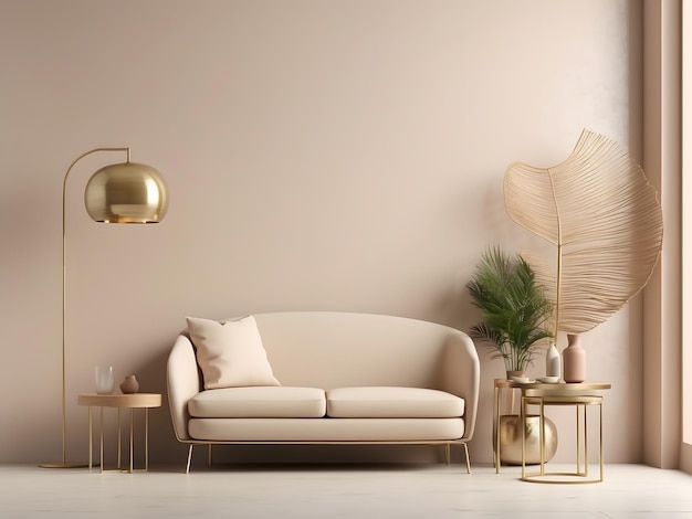 Mockup en blanco en pared beige con muebles metálicos en 3D