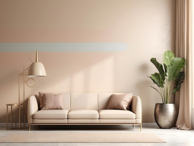 Mockup en blanco en pared beige con muebles metálicos en 3D