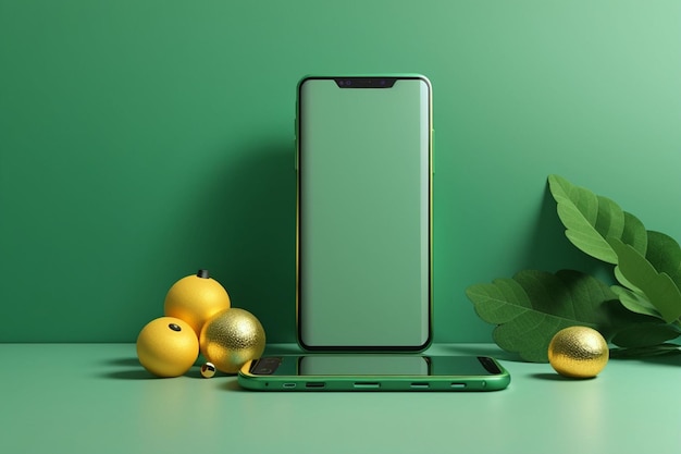 Mockup en blanco de teléfono inteligente con fondo verde y elementos decorativos Generado por IA