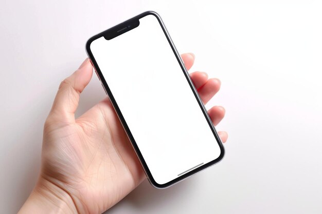 Foto mockup en blanco de teléfono inteligente a mano creado con ia generativa