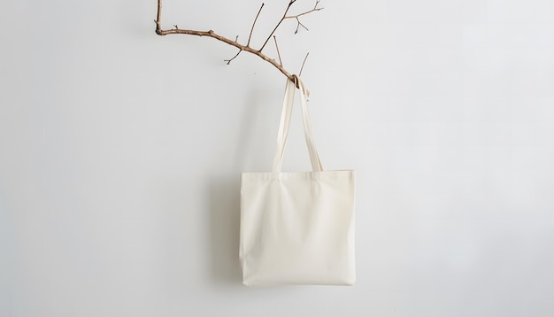 mockup bolsa de bagagem simples pendurado elegantemente de um galho simples