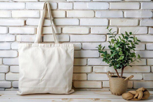 Mockup de bolsa de lienzo en blanco sobre un fondo de pared de ladrillo blanco de alta resolución