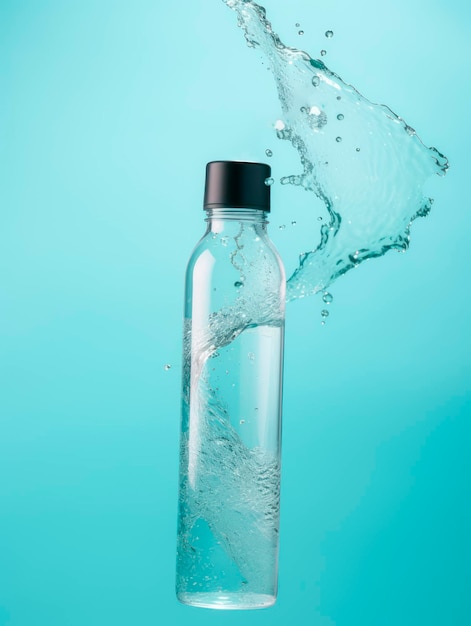 Mockup de botella de agua con etiqueta en blanco colgando en el aire con decoraciones y salpicaduras