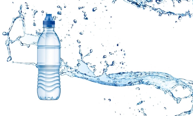 Foto mockup de botella de agua de plástico en splash water rendering 3d