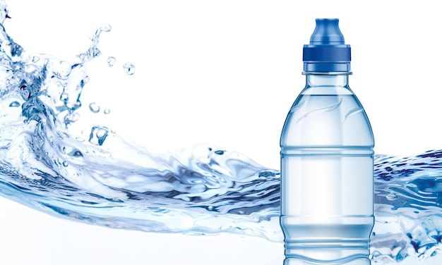 Foto mockup de botella de agua de plástico en splash water rendering 3d