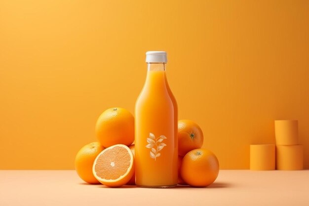 Foto mockup de una botella de bebida naranja envasada para sus productos de bebidas y altamente recomendado