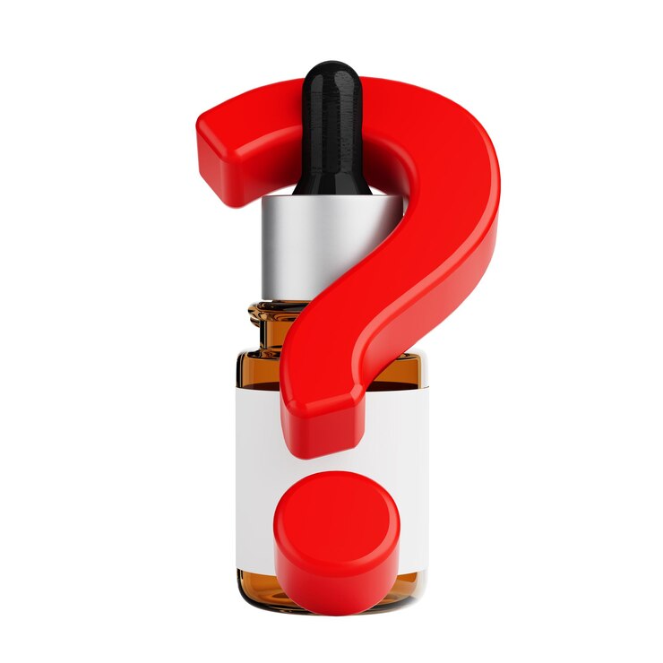 Foto mockup de botella de gotero de vidrio médico en blanco marrón con pipeta negra y signo de interrogación rojo rendering 3d