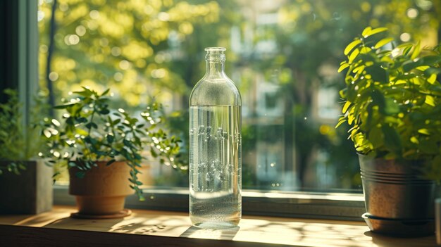 Mockup una botella transparente blanca se encuentra en la mesa de la cocina contra un fondo de plantas