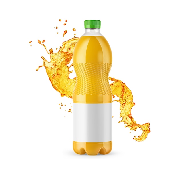 Foto mockup de botellas de plástico de jugo con representación 3d de etiquetas en blanco