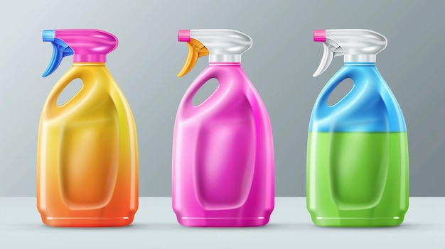 Foto mockup de botellas de productos químicos domésticos y tubos de detergente con asas en blanco paquete de limpieza de plástico blanco aislado con jabón líquido botella de limpiador de manchas blanqueador de ropa o limpiador