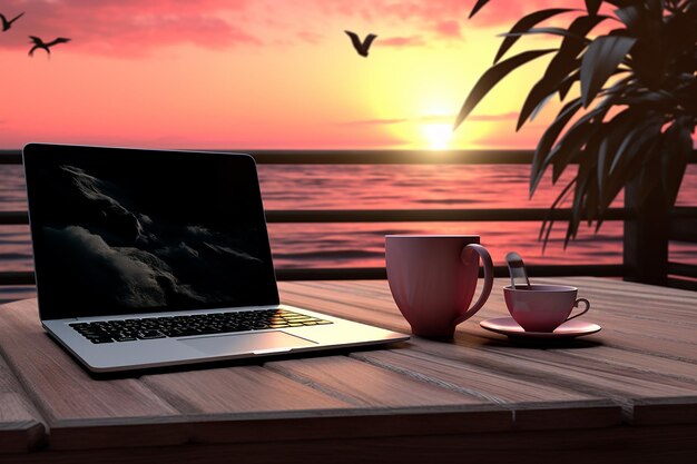 Foto mockup-büro oder stockfoto einer kaffeetasse mit laptop auf holz