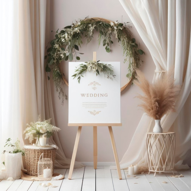 Foto mockup de caballete blanco en blanco de madera tablero para inscripción de boda ai generativo