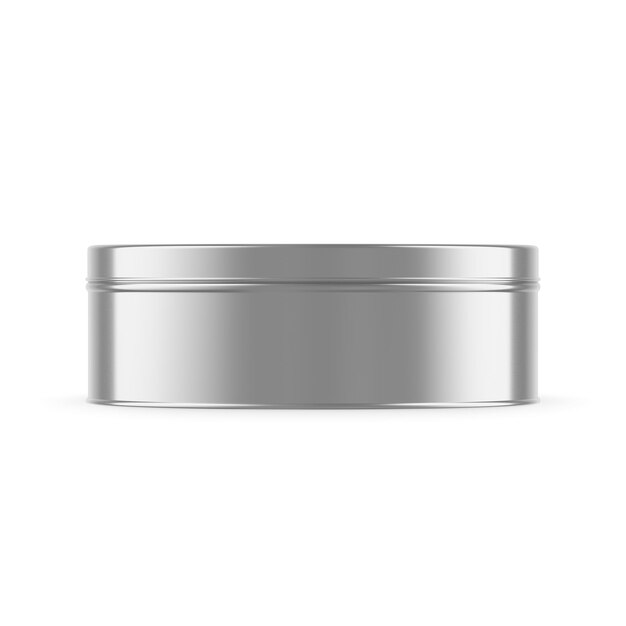 Foto mockup de caja de estaño redonda metálica con representación 3d de fondo aislado