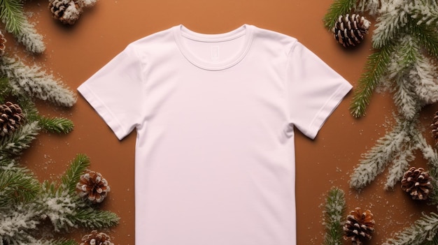 Mockup de camiseta para bebés con decoraciones de invierno en fondo rosa generado por IA