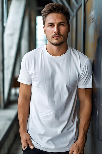 Mockup de camiseta blanca de manga corta y cuello redondo para hombres Es una herramienta útil para los diseñadores de ropa para ayudar