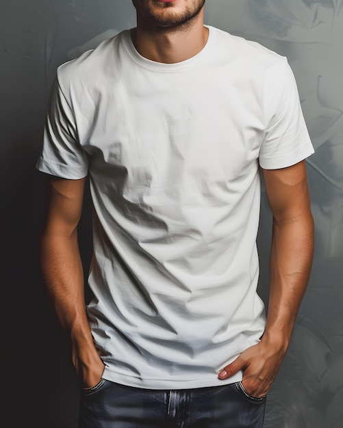 Foto mockup de camiseta blanca de manga corta y cuello redondo para hombres es una herramienta útil para los diseñadores de ropa para ayudar