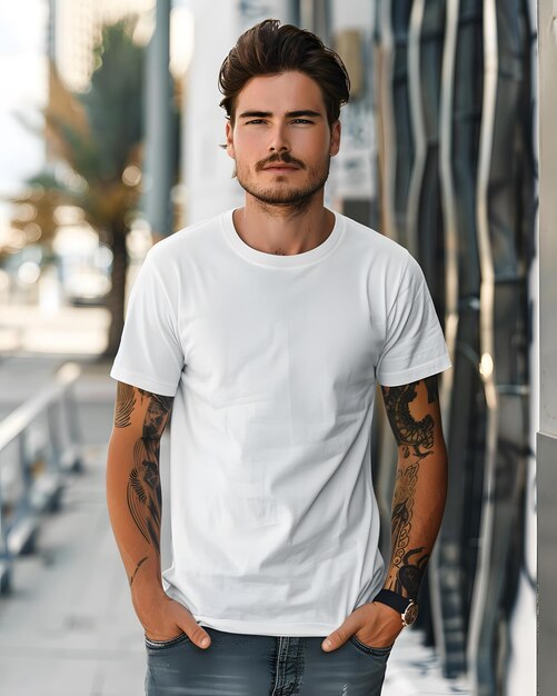 Mockup de camiseta blanca de manga corta y cuello redondo para hombres Es una herramienta útil para los diseñadores de ropa para ayudar