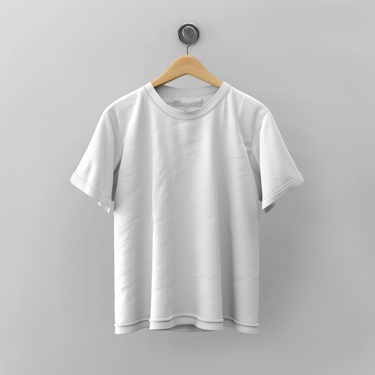 Mockup de camiseta blanca vacía en colgante de madera vista delantera en 3D