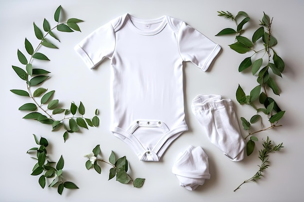 Mockup de camiseta de body de bebé blanca con eucalipto
