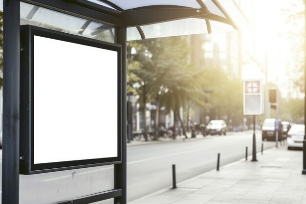 Mockup de cartel publicitario de un refugio de autobuses iluminado por el sol en la calle de la ciudad