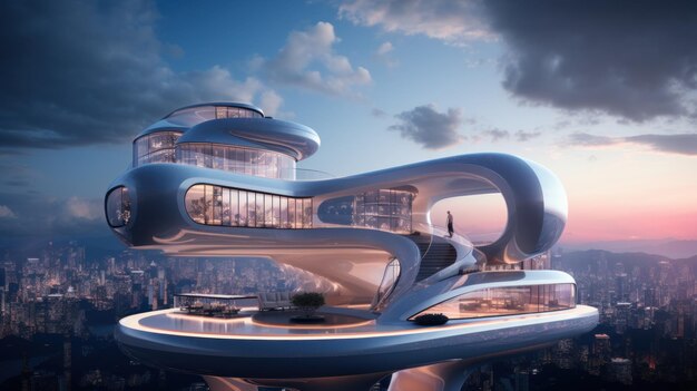 Mockup de una casa futurista en la ciudad de las nubes con vistas al horizonte