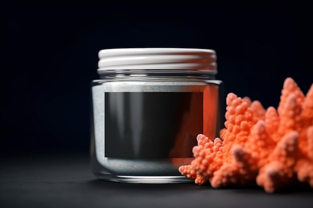 Mockup com frasco de creme branco ao lado do coral marinho laranja IA geradora