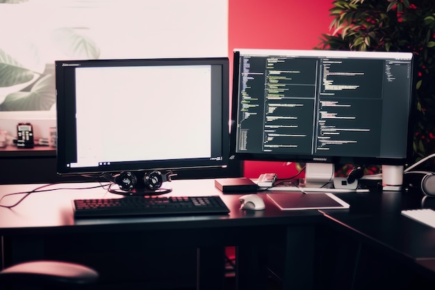 Mockup de configuración de monitor de escritorio de doble pantalla para una interfaz de aplicación de codificación